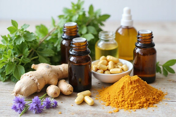 Natural ingredients including herbs, botanicals, and wellness elements arranged artfully