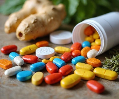 Natural supplements and vitamins displayed with fresh ingredients
